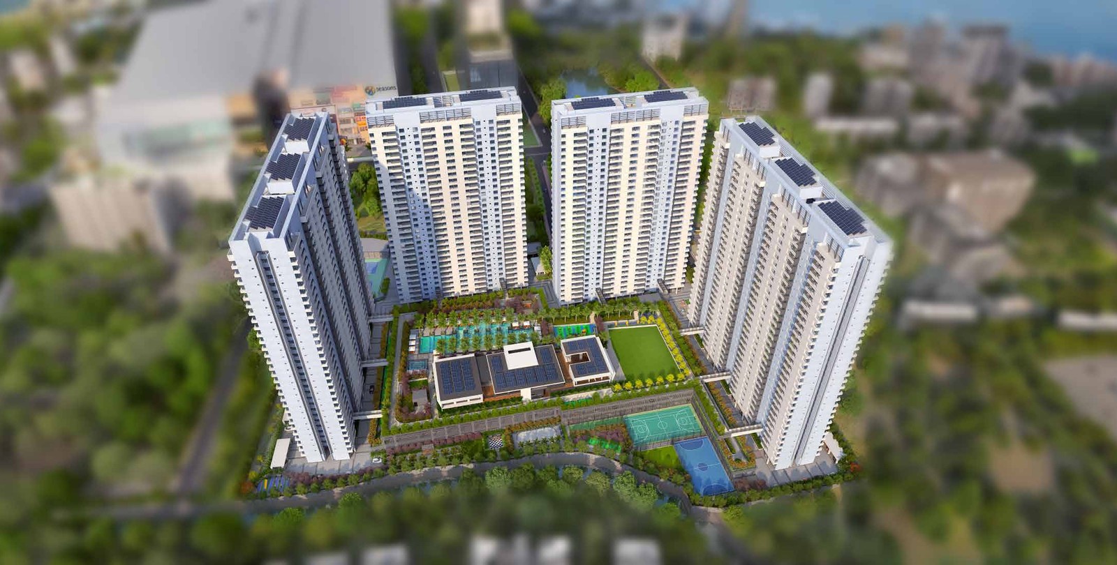 Aerial view of 4 high-rise towers across 8.5 acres
