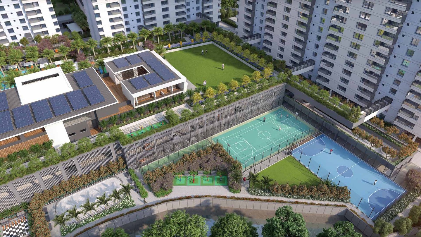Ground level futsal, basketball, walkways and 2-level clubhouse