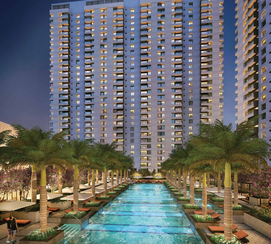 Olympic Size 50m Swimming Pool and Kids' pool with palm-lined deck